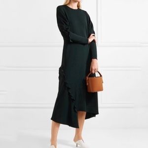 TIBI Small Crepe Knit Ruffle Midi Dress Spruce Green